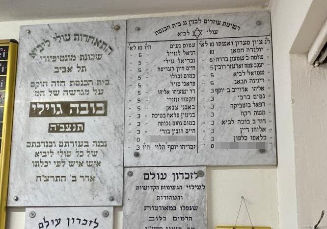 לוח התורמים בבית הכנסת לעולי לוב בת"א