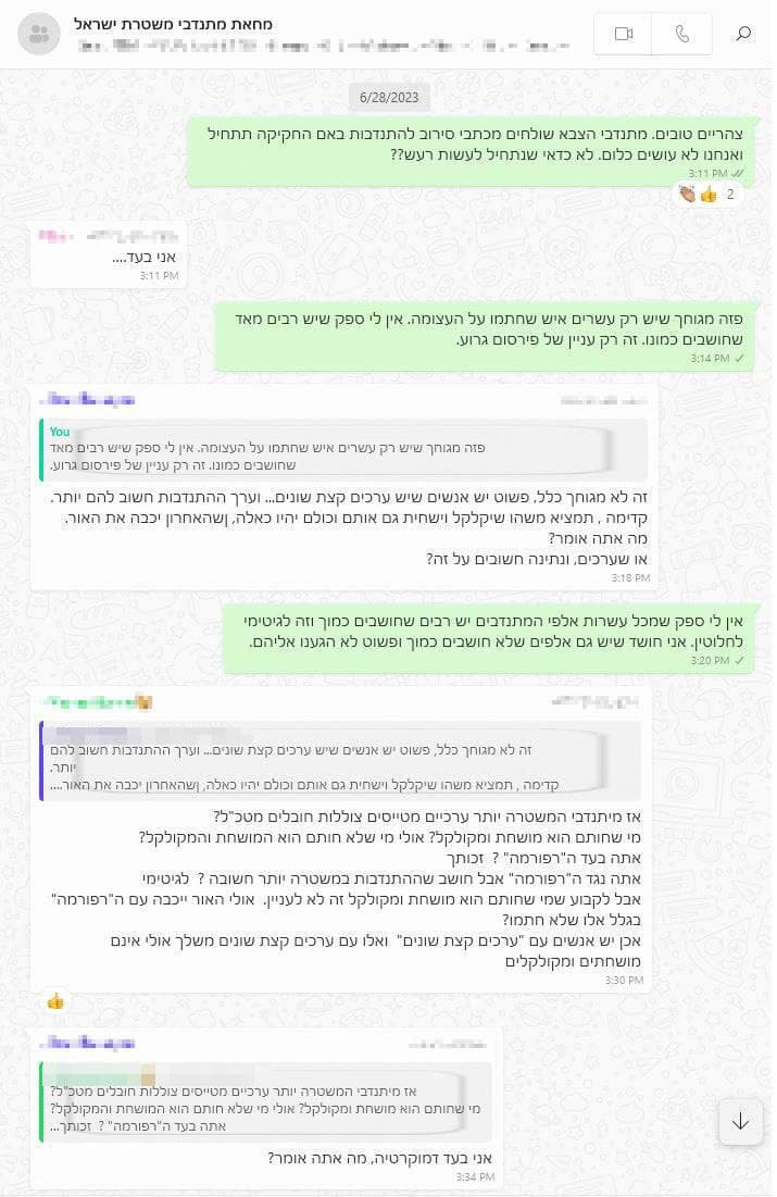צילום מסך של שיחה בקבוצת מחאת מתנדבי משטרת ישראל