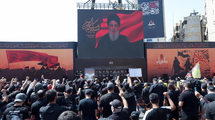 נסראללה בנאום מרחוק, בעצרת בדרום ביירות