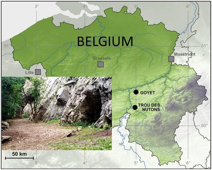 מיקומן של מערות גויה (Goyet) וטרו דה נוטונס (Trou des Nutons) בבלגיה