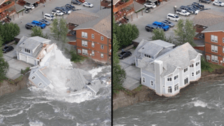 בית שקרס לנהר ב ג'ונו אלסקה בעקבות שיטפון מהמסת קרחון ארה"ב