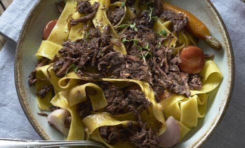 מתכונים פסטה עם צלי בשר מפורק עם רוטב יין אדום