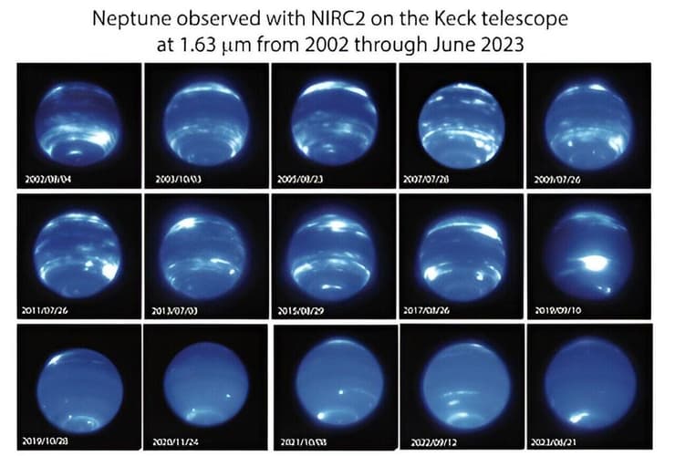 שינוי במראהו של נפטון, על פי תמונות שצולמו באמצעות מצלמת תת-אדום קרוב מדור שני (NIRC2) של מצפה הכוכבים קק, בשילוב עם מערכת האופטיקה האדפטיבית שלו