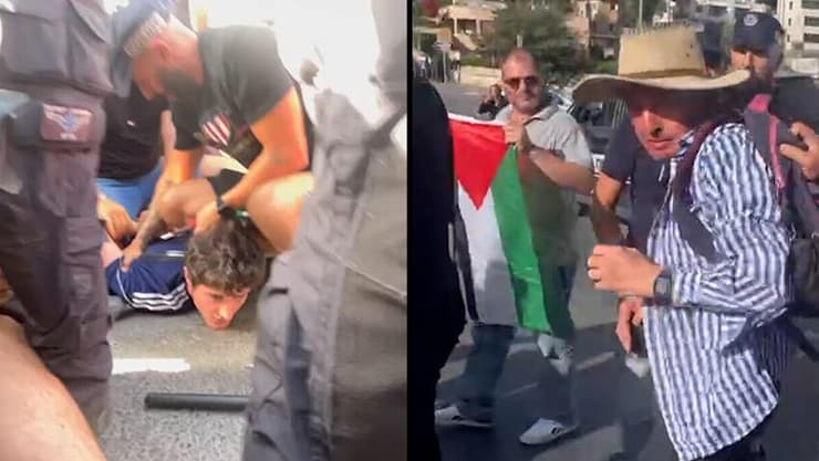 שוטרים עוצרים מפגינים עם דגלי פלסטין בירושלים