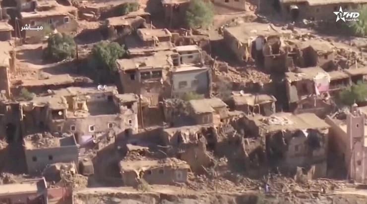 צילום מהאוויר של ההרס באחד הכפרים באזור מרקש רעידת אדמה מרוקו