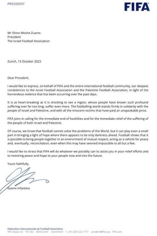  המכתב ששלח נשיא פיפ"א ליו"ר ההתאחדות בישראל, שינו זוארץ