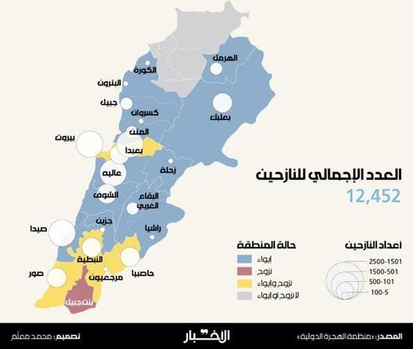 מפת לבנון - אזורי העקירה בוורוד, אזורי עקירה ומחסה בצהוב, אזור מחסה בכחול