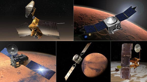 כיסוי לווייני מלא. חמישה מהלוויינים שמקיפים את מאדים. למעלה משמאל עם כיוון השעון: MAVEN, MRO ו- Mars Odyssey של נאס"א, Mars Express ו-TGO של סוכנות החלל האירופית