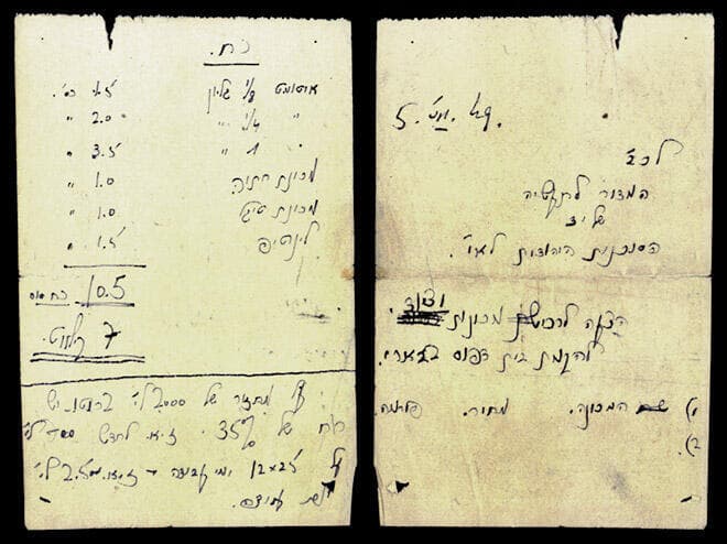הפתק המקורי שכתב בודא, חבר קיבוץ בארי ב-1949 למשרדי הסוכנות היהודית בבקשה לסיוע ברכישת הציוד הראשוני להקמת בית הדפוס