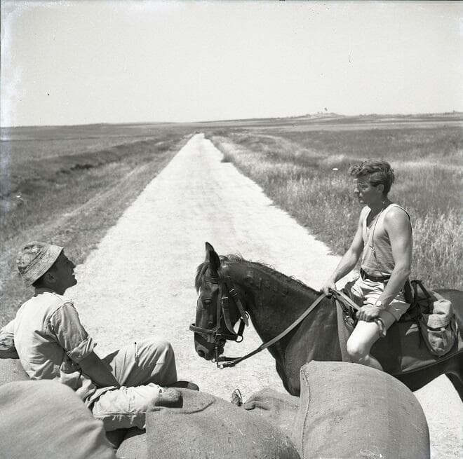 רועי רוטברג על סוסתו באזור נחל עוז, בשנות ה-50 המוקדמות