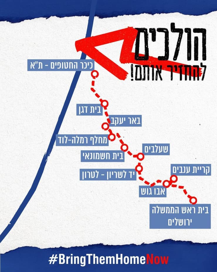 מפת מסלול צעדת משפחות החטופים והנעדרים מכיכר החטופים בתל אביב ללשכת ראש הממשלה בירושלים
