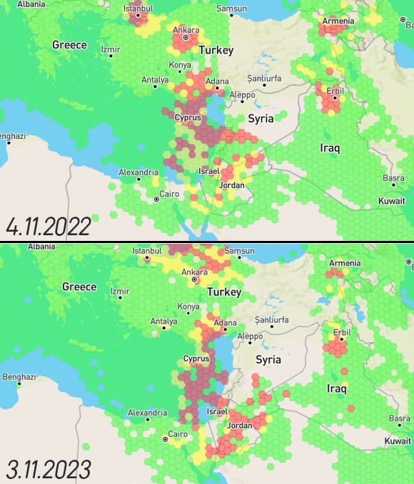 שיבושי GPS באזור הים התיכון ואירופה ב-4 בנובמבר 2022; השיבושים באותו אזור ב-3 בנובמבר השנה, במהלך המלחמה | מקור: האתר gpsjam.org, שעוקב אחרי שיבושי GPS בעולם.
