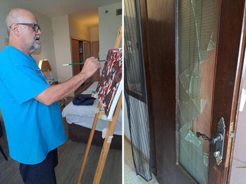 אלחנדרו פפר מצייר במלון בים המלח, מימין - דלת ביתם השבורה
