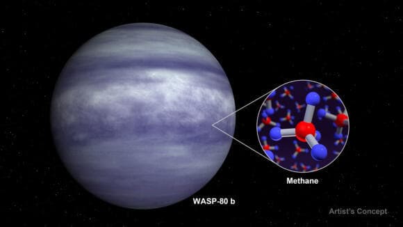 מדידות עם פוטנציאל להבין טוב יותר גם את מערכת השמש שלנו. מולקולת מתאן על רקע הדמיה בעיני אמן של כוכב הלכת WASP-80 b 
