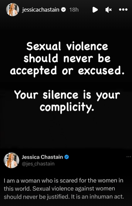הסטורי של ג'סיקה צ'סטיין, שבו היא יוצאת נגד השתיקה סביב אלימות מינית