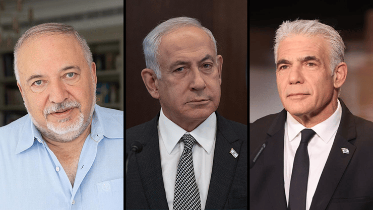 ליברמן סירב להצעה, לפיד הבהיר שלא ישב תחת נתניהו (צילום: אלכס קולומויסקי, EPA, מוטי קמחי) יאיר לפיד בנימין ביבי נתניהו ו אביגדור ליברמן