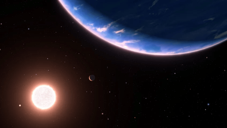 עולם המים הקטן ביותר? מבט בעיני אמן אל כוכב הלכת GJ 9827d, לצד השמש שלו ושני כוכבי לכת נוספים במערכת