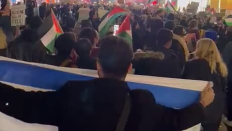 איזי קרטן מניף דגל ישראל מול משתתפים בהפגנה פרו-פלסטינית בניו יורק