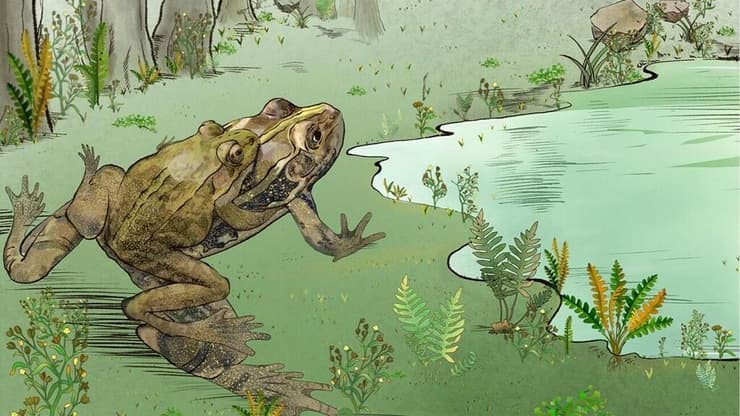 איור שממחיש את תהליך חיבוק הכלולות, שהביא למותה של הצפרדע שתוארכה לתקופה שלפני כ-100 מיליון שנה