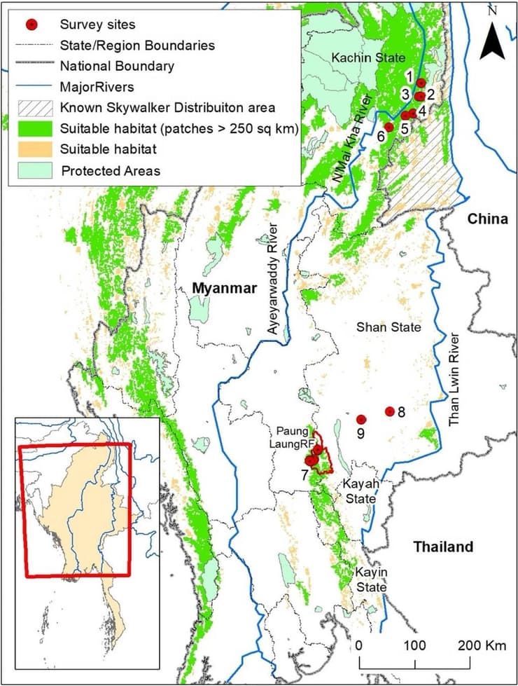 מפה בה מוצגים האזורים במיאנמר בהם התקיים המחקר, שם התגלתה האוכלוסייה הגדולה ביותר של גיבוני סקייווקר