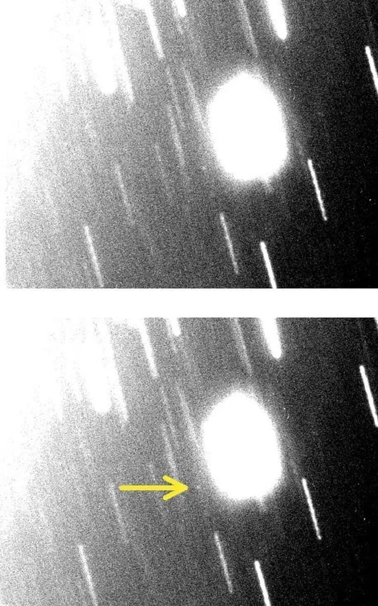 הירח החדש של אורנוס, S/2023 U1, שהתגלה באמצעות טלסקופ מגלן הענק ב-4 בנובמבר 2023, כשאורנוס נמצא ברובו מחוץ לתמונה (בפינה השמאלית העליונה). הירח המזערי מסומן בחץ בתמונה התחתונה