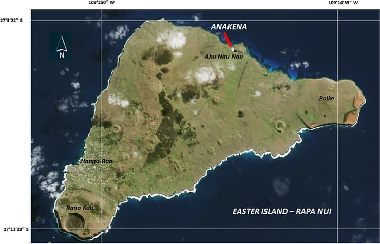 מפת אי הפסחא והמיקום של האתר בו מצאו החוקרים את להבי האובסידיאן