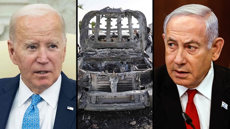 ביידן, נתניהו ואחד מרכבי הסיוע שהותקפו על ידי צה"ל בשל זיהוי שגוי (צילום: SAUL LOEB/AFP, רויטרס/Amir Cohen) ביידן, נתניהו ואחד מרכבי הסיוע שהותקפו על ידי צה"ל בשל זיהוי שגוי
