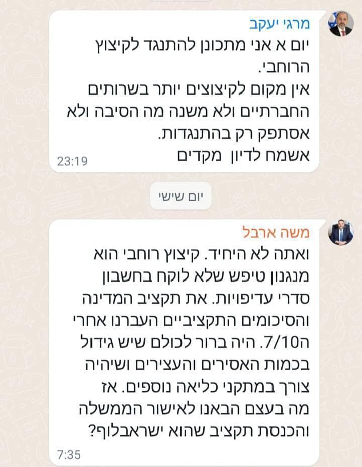 יעקב מרגי ומשה ארבל כותבים בוואטסאפ של שרי הממשלה נגד הקיצוץ הרוחבי