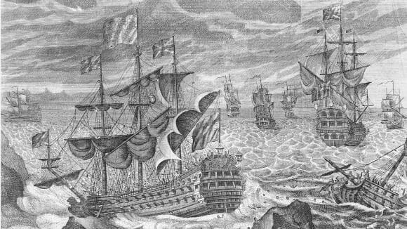 האסון שהוביל לפתרון. תחריט מאמצע המאה ה-18 של טביעת האניות באיי סילי, במרכז האיור האנייה Association. אמן לא ידוע 