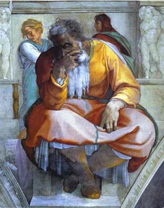 ציור של ירמיהו הנביא בתקרת הקפלה הסיסטינית, מעשה ידי מיכלאנג'לו בואונארוטי