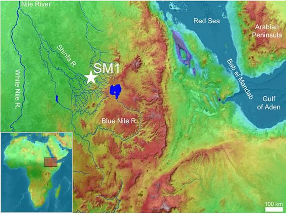האתר בו התמקדו החוקרים מתוארך ל-74 אלף שנים לפני זמננו. המיקום של אתר שינפה-מטמה 1 בצפון מערב אתיופיה | מקור: https://topographic-map.com Open Database License (ODbL) v1.0