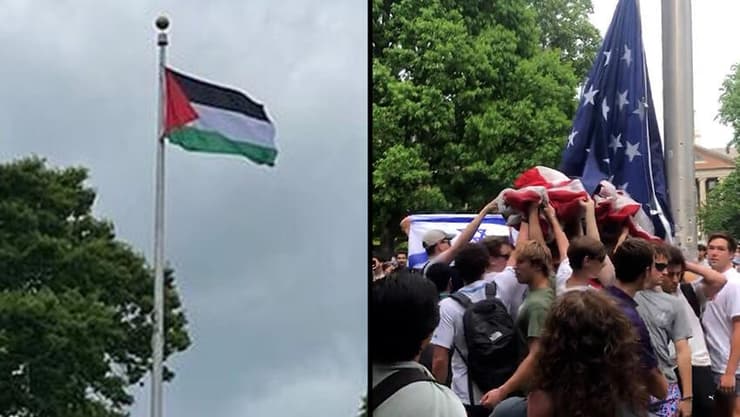 דגל פלסטין באוניברסיטת צפון קרוליינה, והסטודנטים היהודים שמגינים לאחר מכן על הדגל האמריקני 