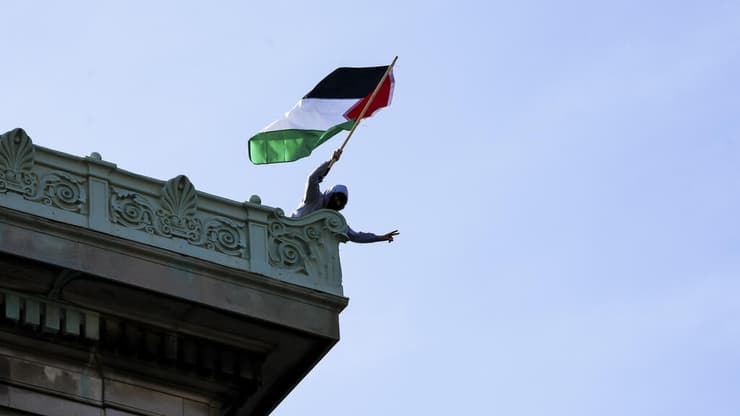 מפגין פרו-פלסטיני על גג בניין המילטון