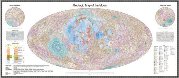 מיפוי מדויק של יותר מ-12,000 מכתשים, בין השאר לפי סוגי הסלעים. מפה גיאולוגית גלובלית של הירח, מתוך האטלס הסיני החדש 