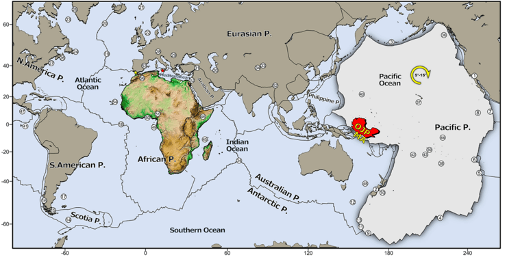 מפת הלוחות הטקטוניים בעולם, בה רואים את שינוי הכיוון של הלוח הפסיפי ואת כל האתרים בעולם אשר חוו זעזוע פתאומי באותה תקופה - לפני כ-6 מיליון שנים. באותה תקופה גם התרוממה הטופוגרפיה של אפריקה ונסגר למשך קצר קשר הים התיכון למערכת האוקיינוסים העולמית
