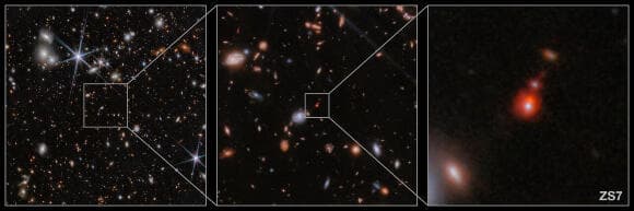 חדות ההדמיות של הטלסקופ איפשרה לזהות שזו התנגשות של גלקסיות עם חורים שחורים. מערכת ZS7 בהגדלה גדולה (מימין) ובמסגרת רחבה יותר בשתי התמונות האחרות 