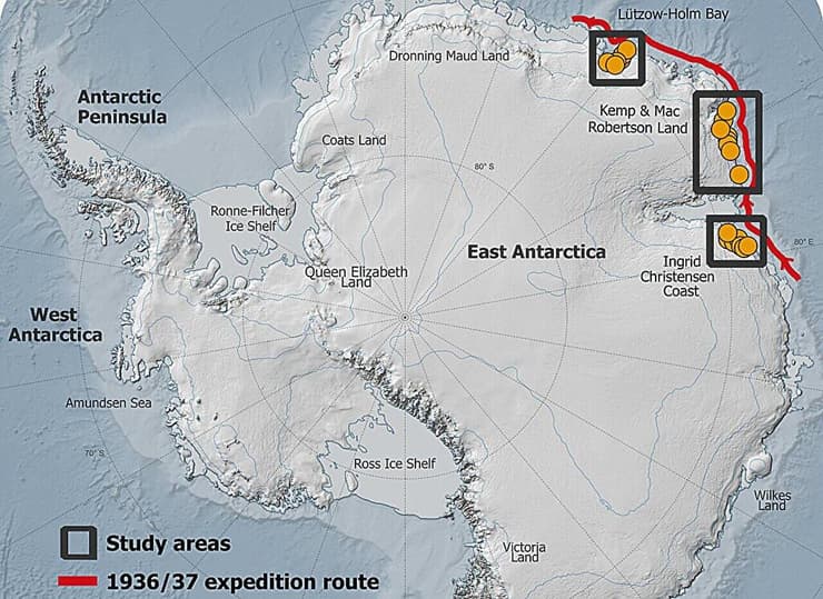 מפת סקירה של אנטארקטיקה, לרבות התייחסות לאזור המזרחי שלה