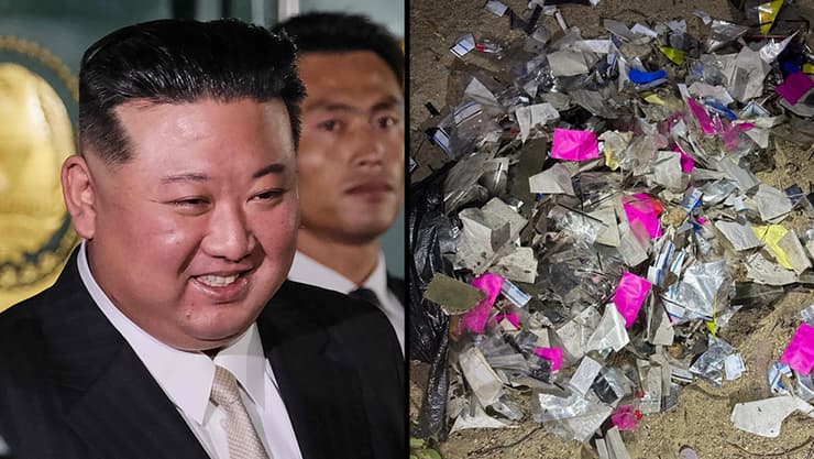 קים ג'ונג און ואשפה שהתפזרה מהבלונים שלו בשטח דרום קוריאה (צילום: The Defense Ministry/Handout via REUTERS, Handout / RUSSIAN ENVIRONMENT MINISTRY / AFP) אשפה ש צפון קוריאה שיגרה ב בלונים לעבר דרום קוריאה ב 2 ב יוני