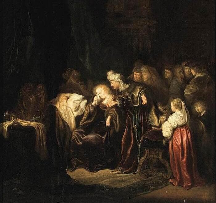דוד ובת שבע ואנשי הארמון אבלים על מות הילד, בציור של סלומון קונינק, 1640