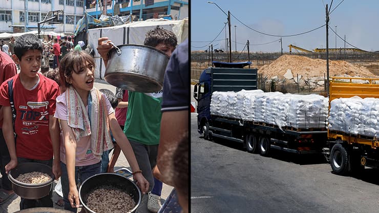 משאיות סיוע וחלוקת מזון בעזה. המדינה טוענת כי יש הזרמה קבועה (צילום: REUTERS/Amir Cohen, AFP/Eyad BABA) משאיות סיוע וחלוקת מזון בעזה. המדינה טוענת כי יש הזרמה קבועה