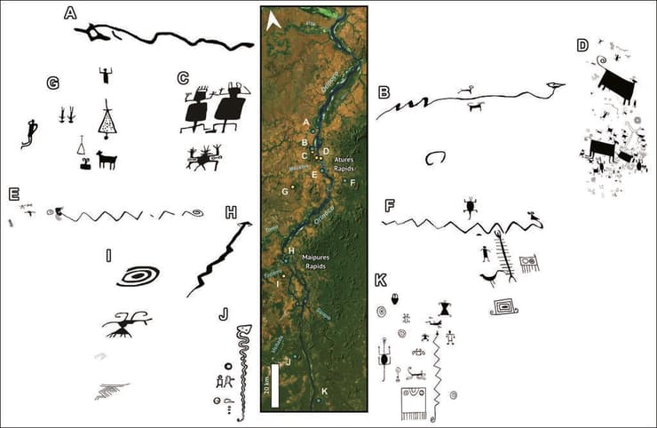 מפה של נהר האורינוקו העליון-אמצעי, תוך הדגשת מיקומי אמנות הסלע ושרטוטים שלהם
