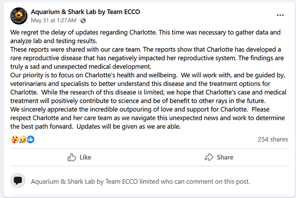 טענת צוות האקווריום ששרלוט לקתה במחלת רבייה