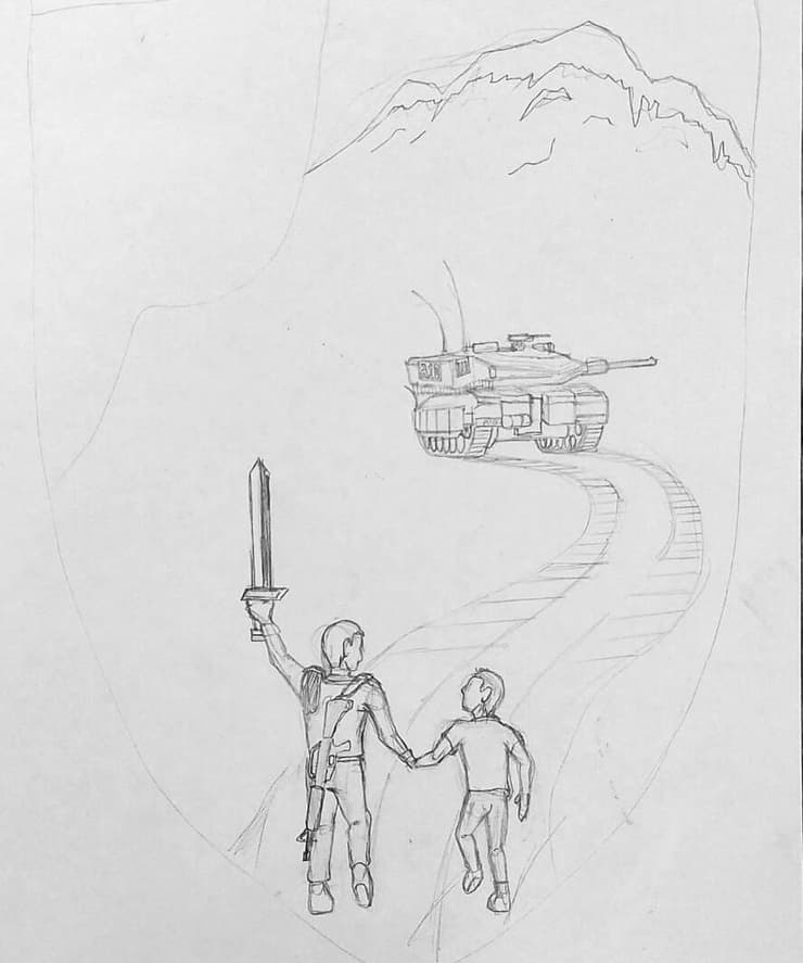 הציור המפורסם של סרן איתן פיש ז"ל, בו מופיע לוחם שריון אוחז בידו של ילד בדרך אל הטנק