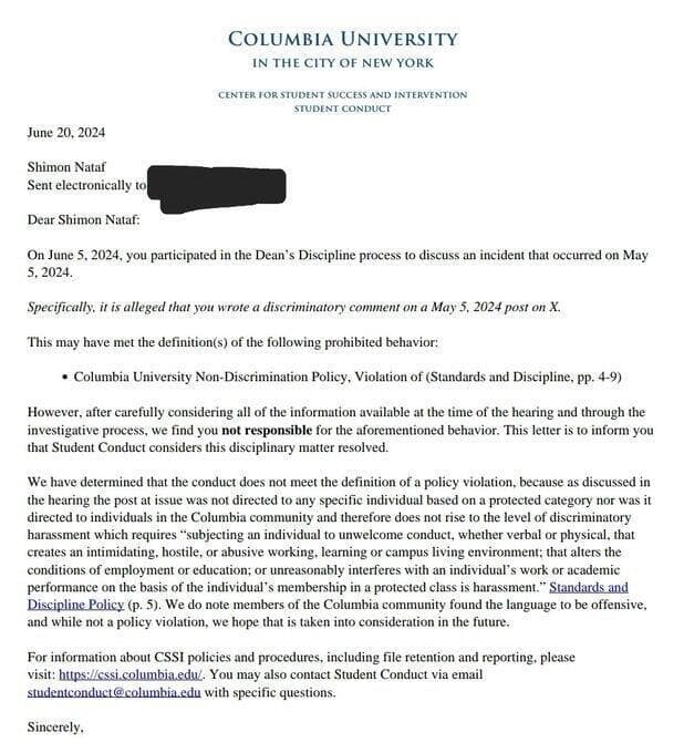 מכתב שקיבל נטף מאוניברסיטת קולומביה