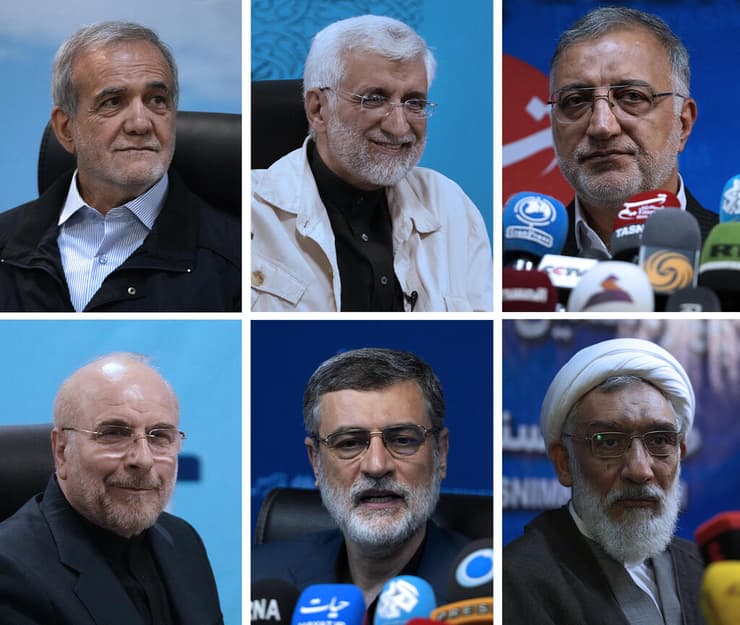 המועמדים בבחירות ל נשיאות איראן משמאל למעלה עם כיוון השעון: מסעוד פזשכיאן סעיד ג'לילי עלירזא זקאני מוסטפה פורמוחמדי אמיר-חוסיין גזיזאדה האשמי מוחמד קליבף