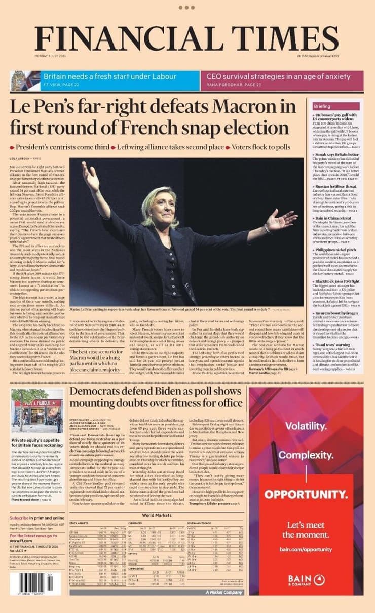 צרפת ניצחון ל ימין הקיצוני בסיבוב הראשון בחירות פרלמנט שער העיתון פייננשל טיימס