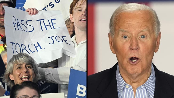 בייד בעצרת בסוף השבוע בוויסקונסין, ושלט שהונף נגדו שם בקהל: "העבר את הלפיד, ג'ו" (צילום: SAUL LOEB / AFP, AP Photo/Morry Gash) שלט נגד נשיא ארה"ב ג'ו ביידן במהלך עצרת שערך ב ויקונסין ב-5 ביולי