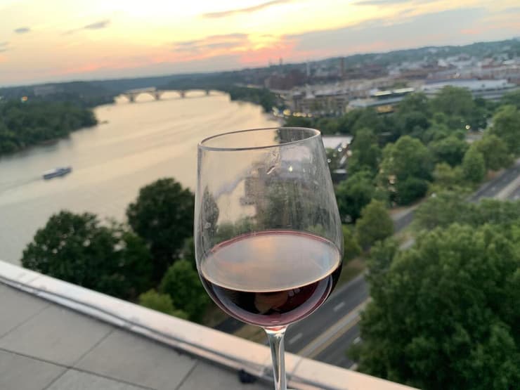 רגע של שלווה עם כוס יין בבר על הגג