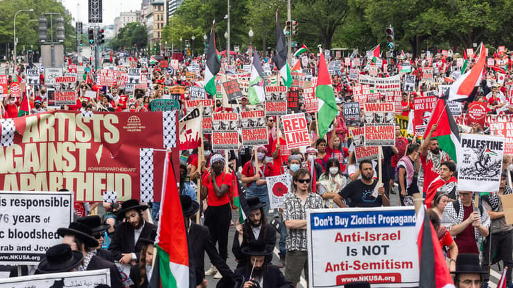 מפגינים פרו פלסטינים נגד המלחמה בעזה בקפיטול, וושינגטון לקראת נאום נתניהו