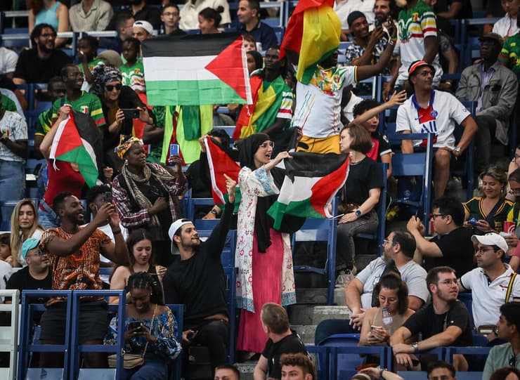 אוהדים עם דגלי פלסטין